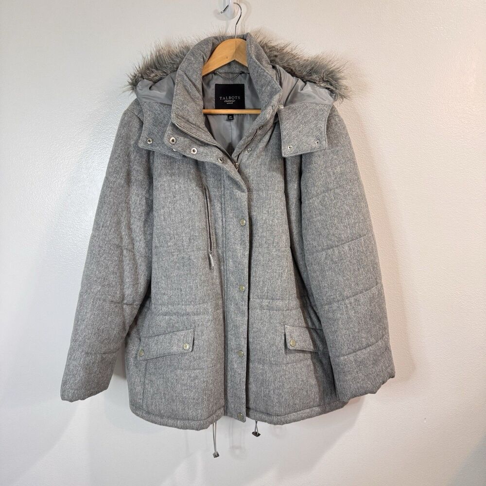 Talbots Jacket Coat 2X Puffer Bomber Wool Winter Gray Quilted Faux Fur Hood Zip